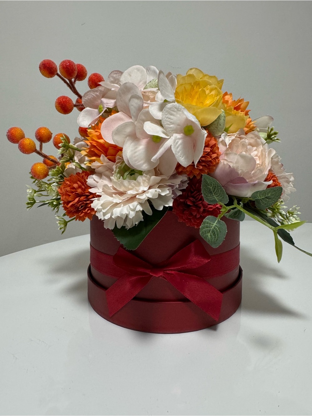 Handmade Artificial Floral Arrangement in Burgundy Hatbox – Fall Home Decor